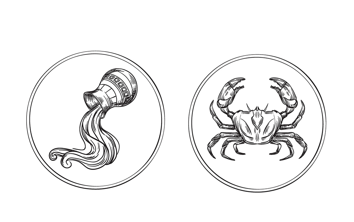Ilustração de círculo com traçado preto de jarro derramando água, representando o signo de Aquário. Ao lado, outro círculo de traçado preto com um caranguejo dentro, representando o signo de Câncer.