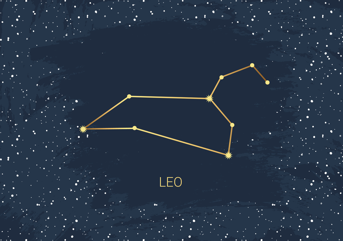 Ilustração de constelação do signo de Leão feita em amarelo, em meio a fundo azul e com estrelas mais claras.