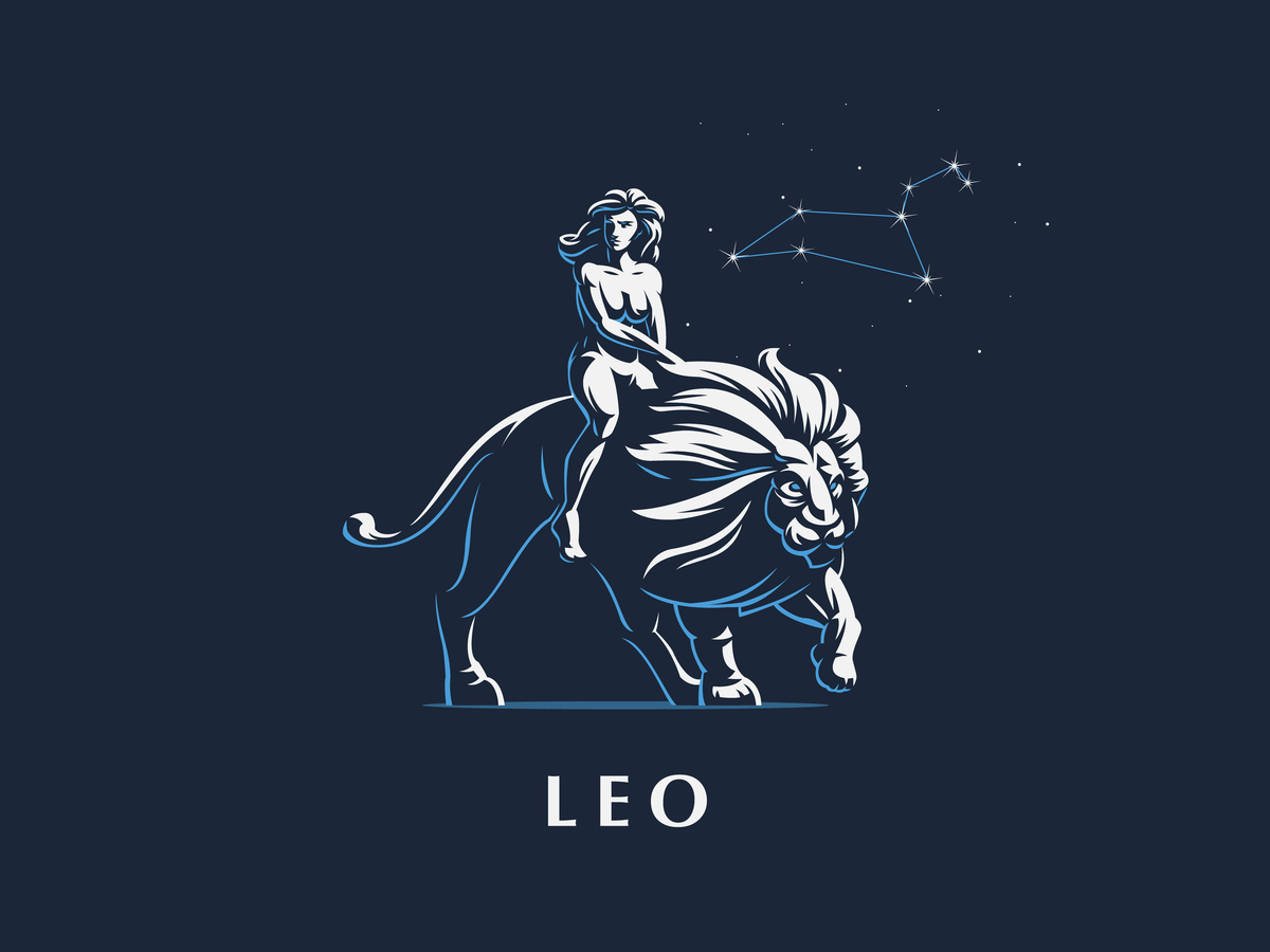 Ilustração em traços azuis de mulher em cima de leão, representando o ascendente em Leão.