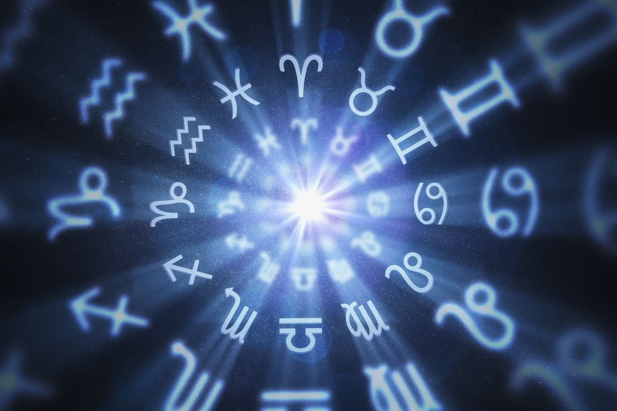 Símbolos dos signos do Zodíaco em espiral azul, representando o relacionamento entre o ascendente em Leão com outros signos.