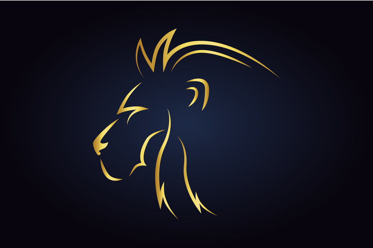 Perfil de focinho de leão feito em dourado, dentro de fundo escuro, representando o ascendente em Leão.