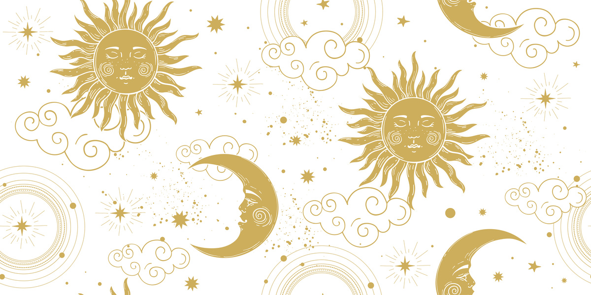 Ilustração com desenhos repetidos de sol e da lua, ambos com rostos, feitos em traços dourados dentro de fundo branco.