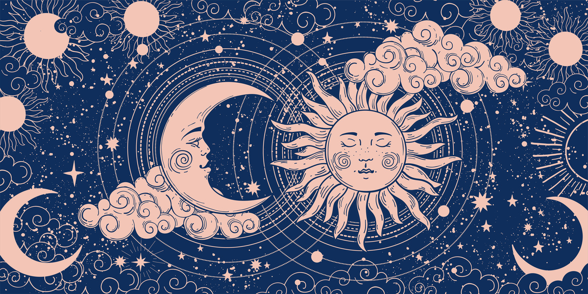 Ilustração de fundo azul com o sol, a lua, ambos com rostos, bem como nuvens, astros e estrelas, todos desenhados em traços rosa.