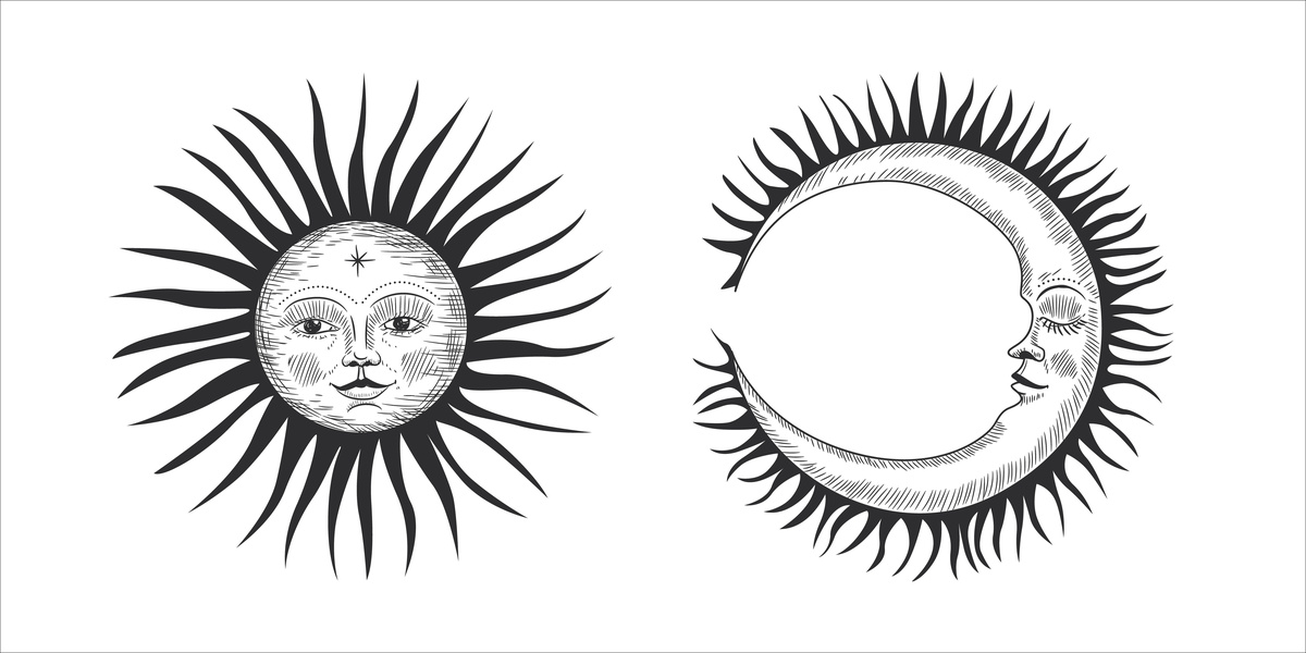 O sol e a lua desenhados em traços pretos, ambos com rostos.