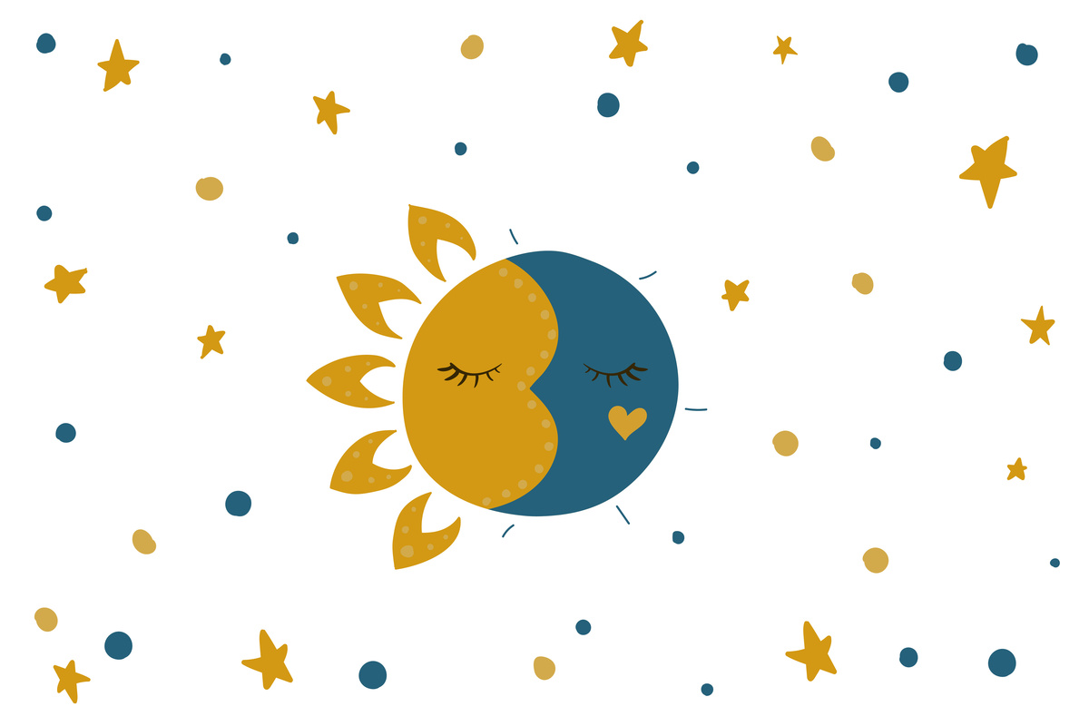 Ilustração de um círculo cortado ao meio. Metade dele é desenhado em dourado, representando um lado da face do sol, e a outra metade é feita em azul, representando um lado da face da lua. Esse círculo é rodeado de estrelas e pontos, feitos em cores azul e dourado.