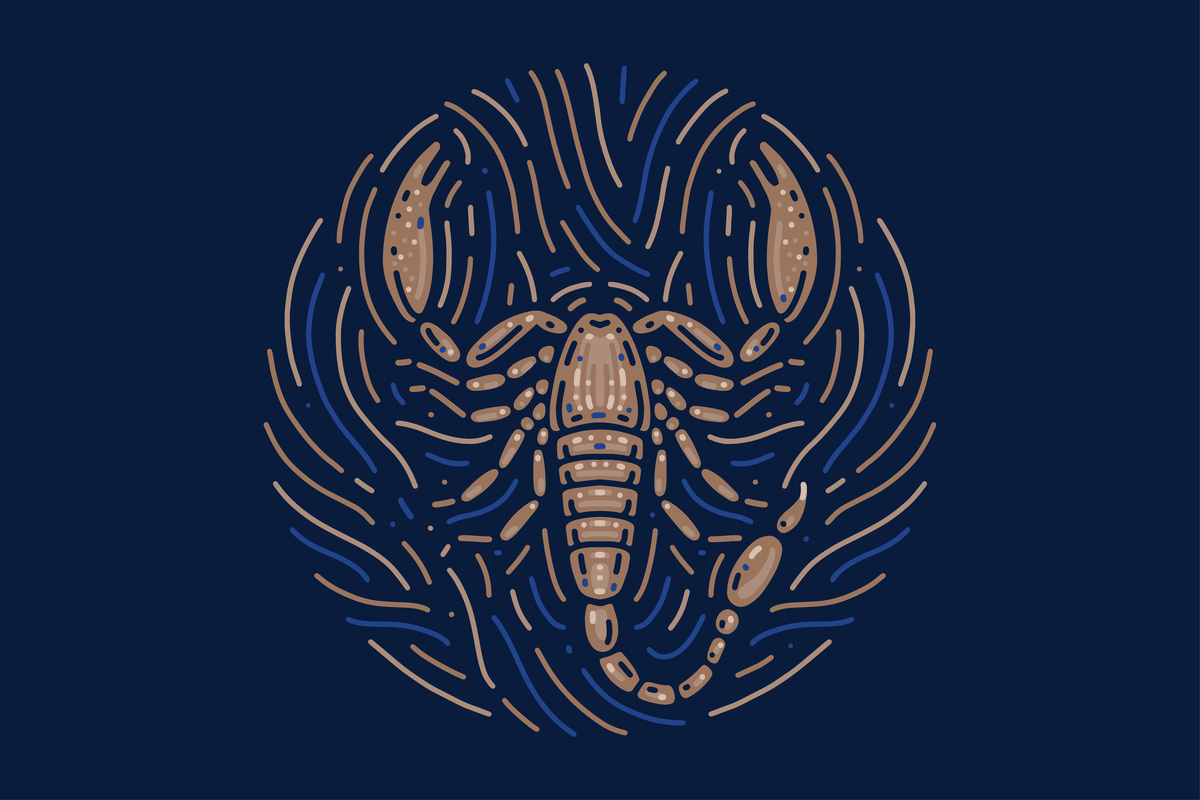 Ilustração com fundo azul-escuro de um escorpião feito em traço marrom, representando o signo de Escorpião.