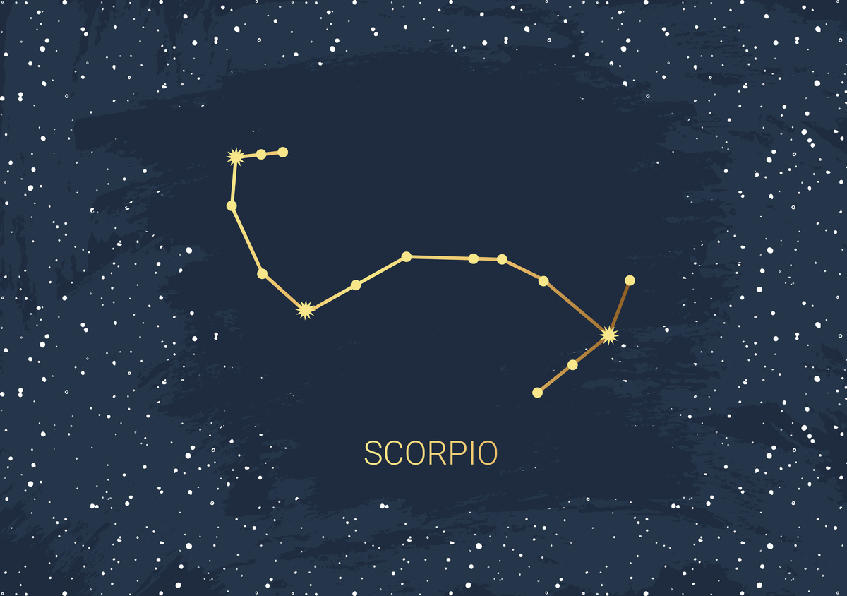 Ilustração de constelação do signo de Escorpião feita em amarelo, em meio a fundo azul e com estrelas mais claras.