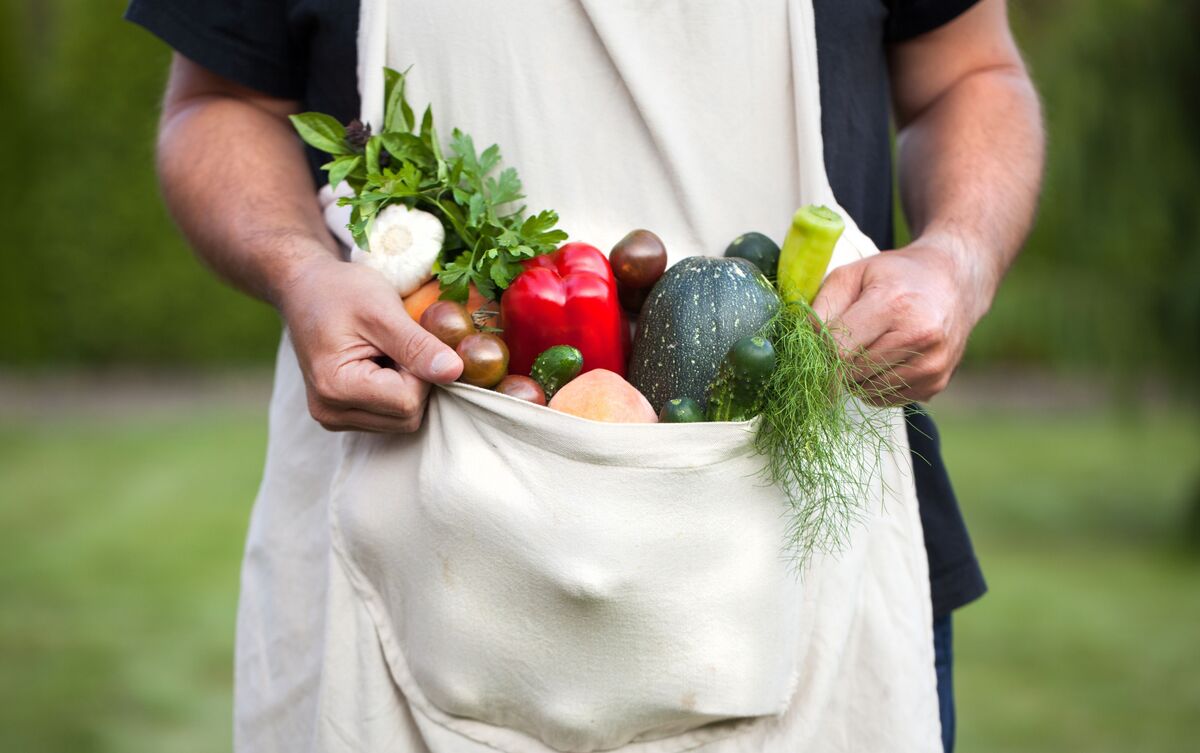 Homem com frutos e vegetais no bolso de avental.
