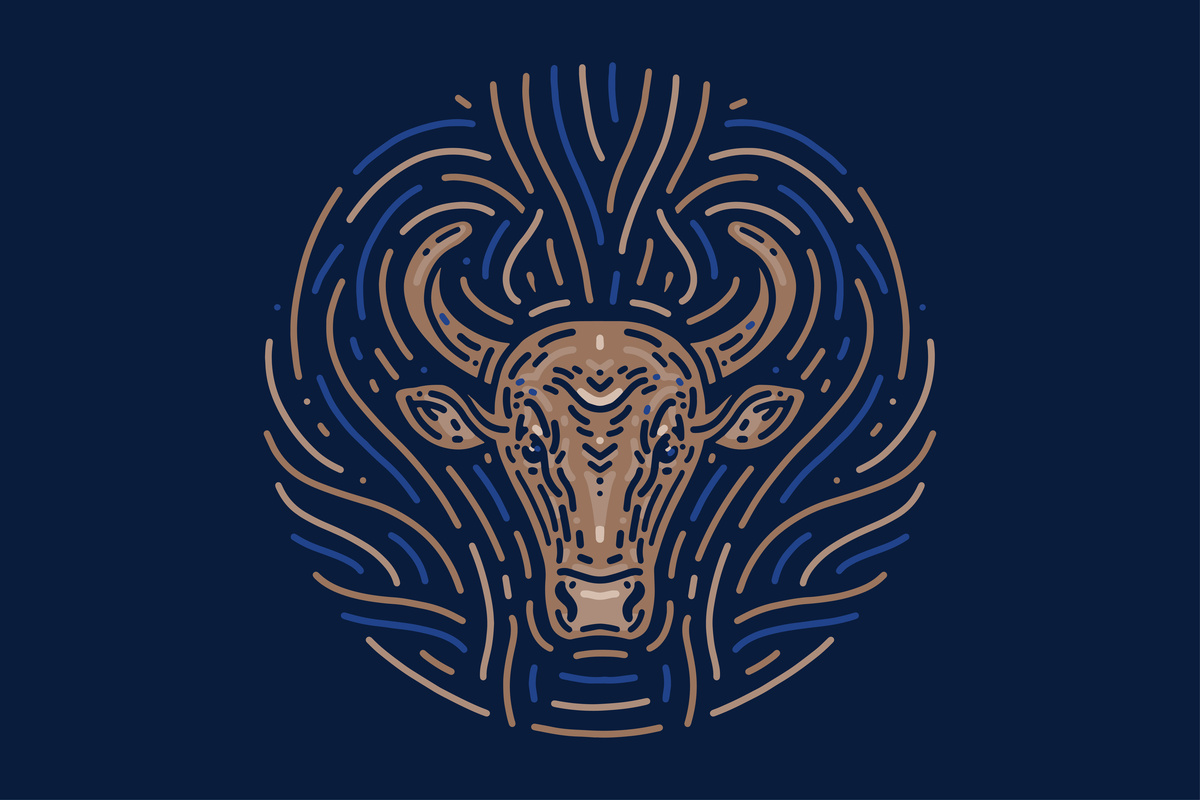 Ilustração com fundo azul-escuro de touro feito em traço marrom, representando o signo de Touro.