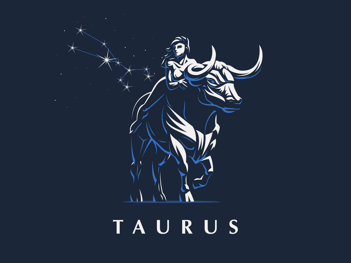 Ilustração feita em azul e branco de mulher em cima de touro, representando o signo de Touro.