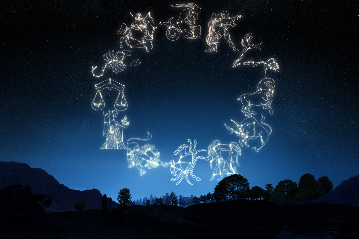 imagem mostra os símbolos dos signos do zodiaco no céu