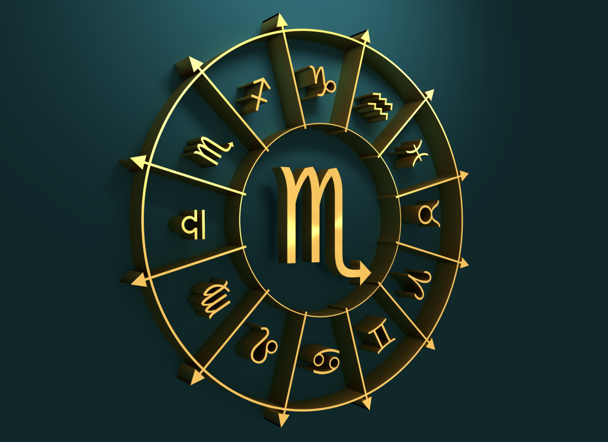 Roda do zodíaco com símbolo do signo de Escorpião no centro.