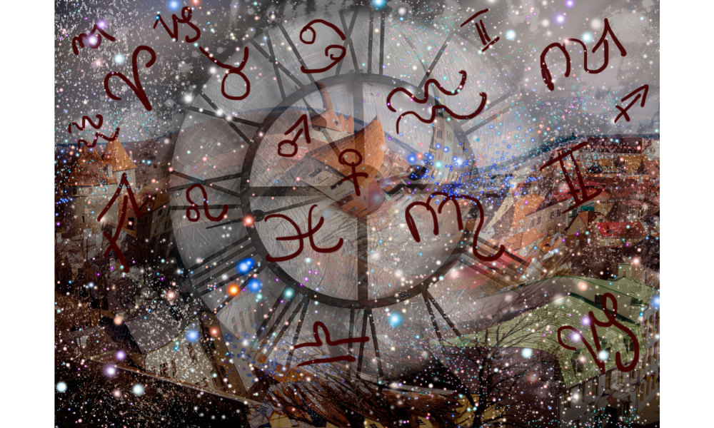 Símbolos astrológicos com um relógio ao fundo