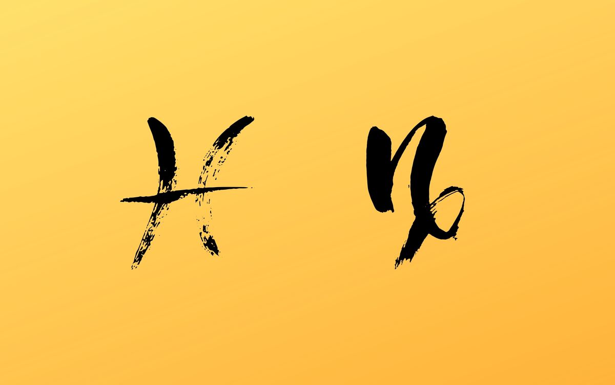 Símbolos dos signos de Capricórnio e Peixes em fundo amarelo.