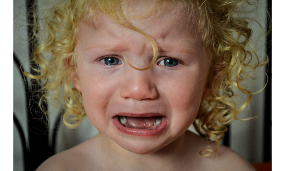 Criança loira de cabelo cacheado chorando com a boca aberta.
