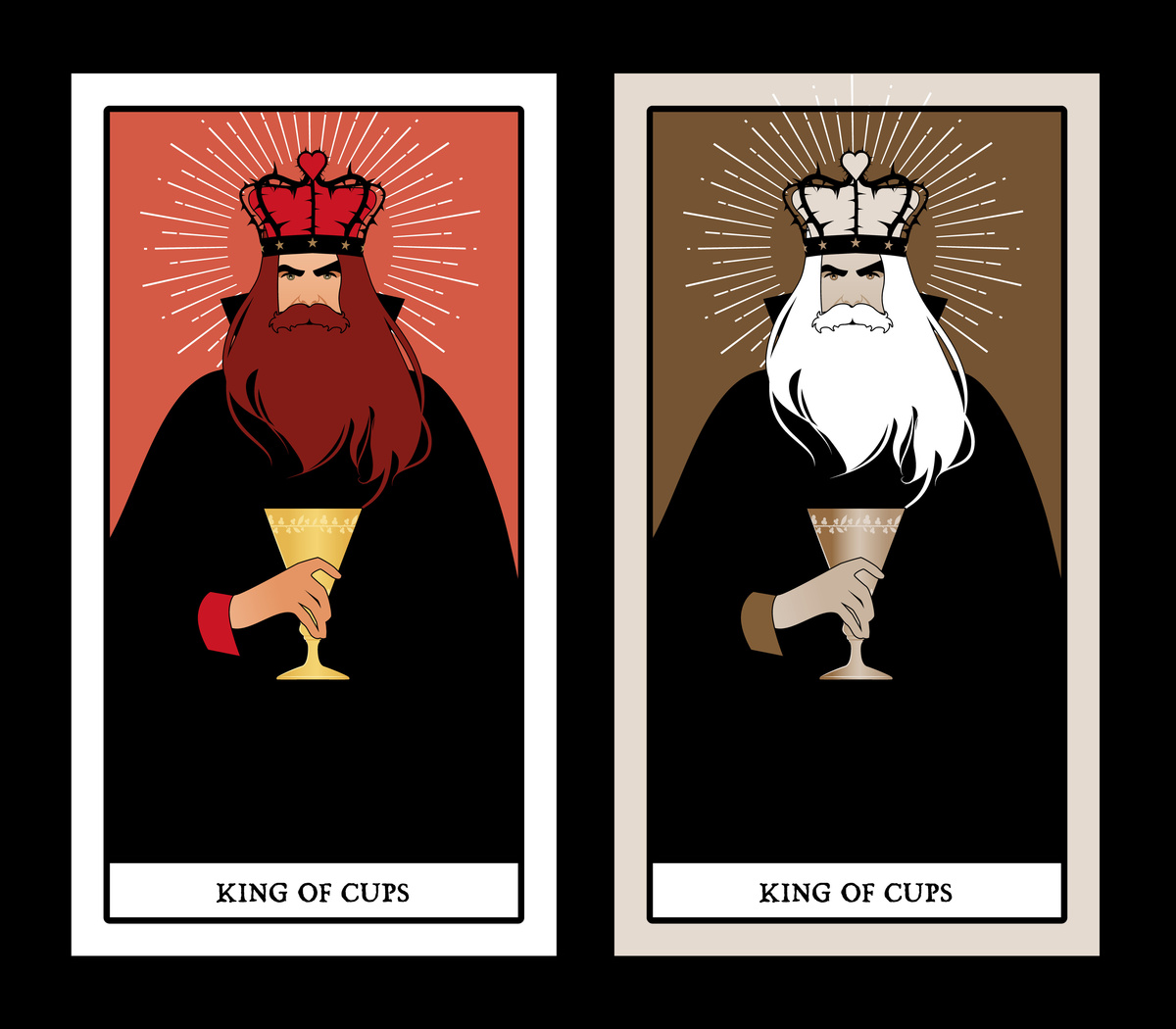 Duas cartas "king of cups" (rei de ouros) uma com o rei de barba ruiva e a outra com o rei de barba branca