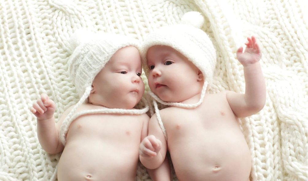 Dois bebês gêmeos com capuz de tricô