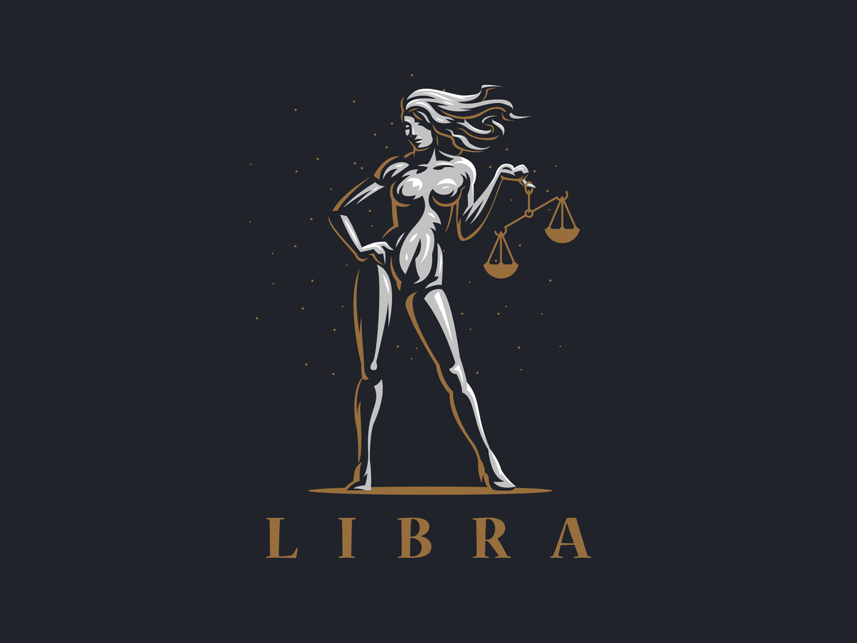 Ilustração de mulher segurando balança, símbolo do signo de Libra