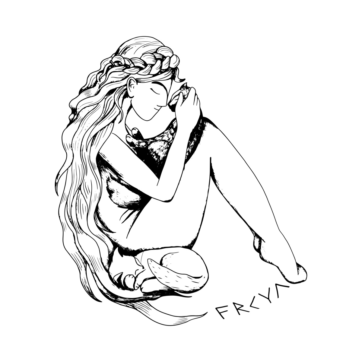 Ilustração em preto e branco da deusa Freya.