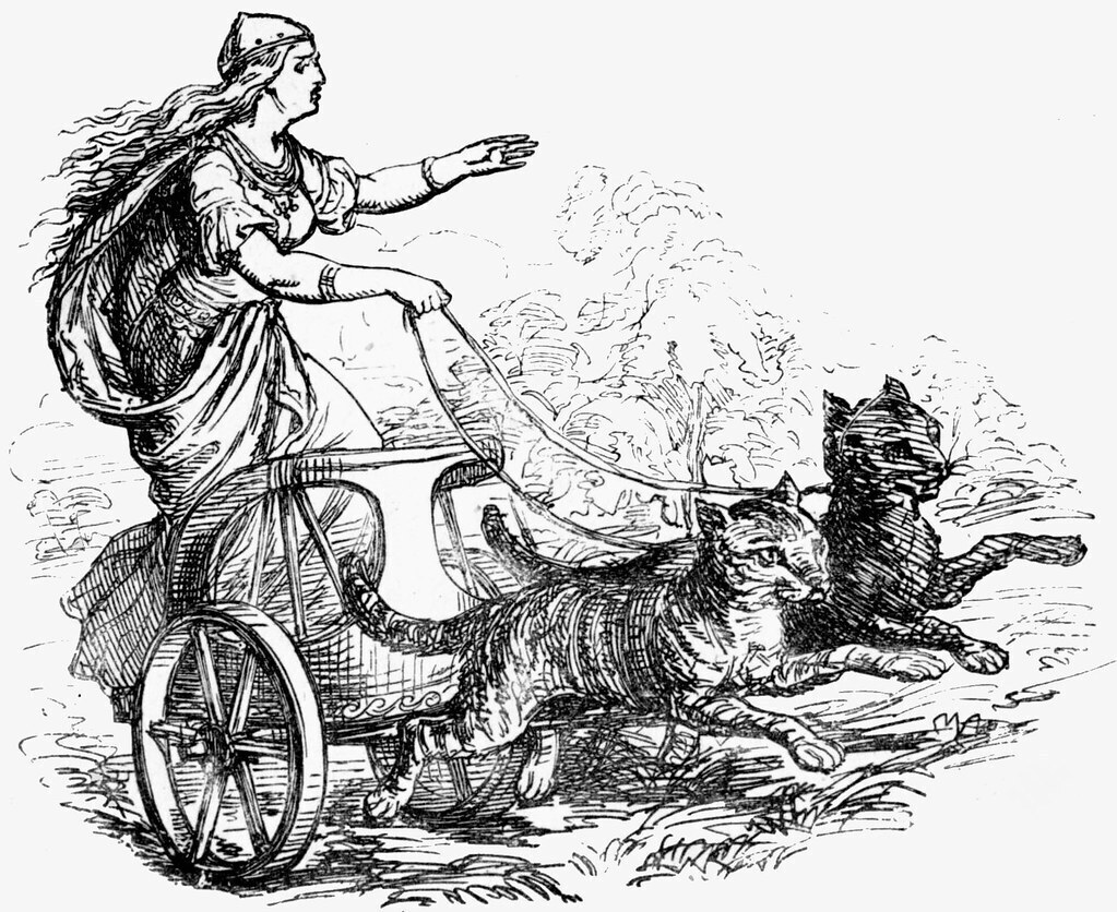 Ilustração preta e branca da Deus Freya e seus gatos selvagens.