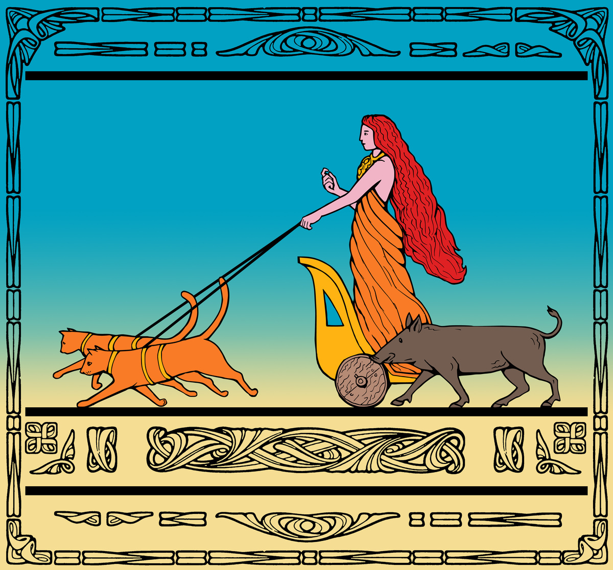Ilustração colorida da Deusa Freya e seus gatos selvagens.