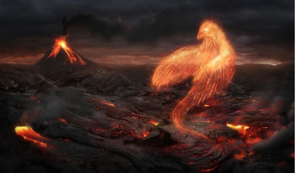 Fênix em fogo em paisagem vulcânica