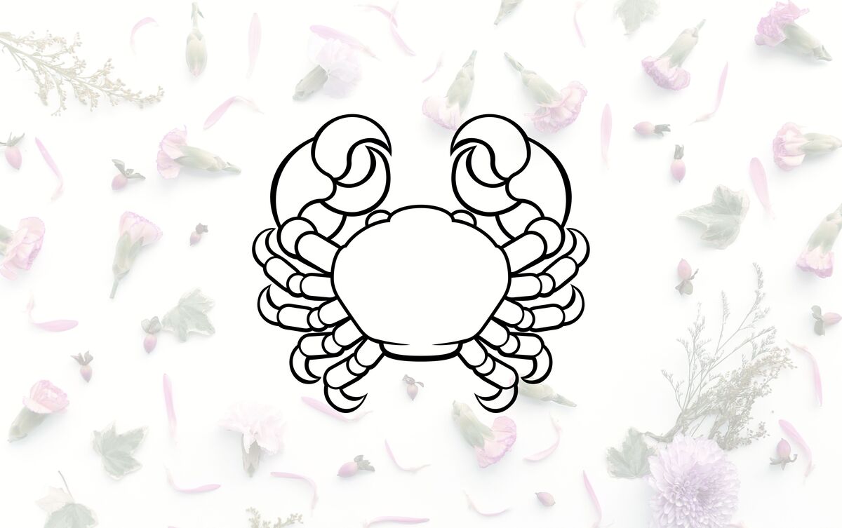 Símbolo do Caranguejo com flores ao fundo.