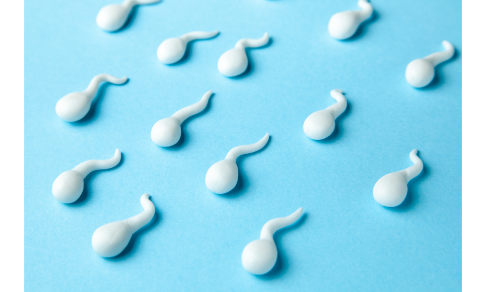 Ilustração de espermatozoides em fundo azul.