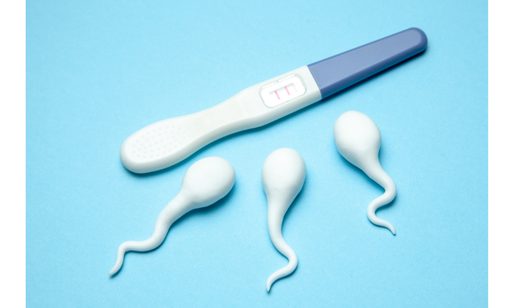 Ilustração de espermatozoides ao lado de um teste de gravidez.