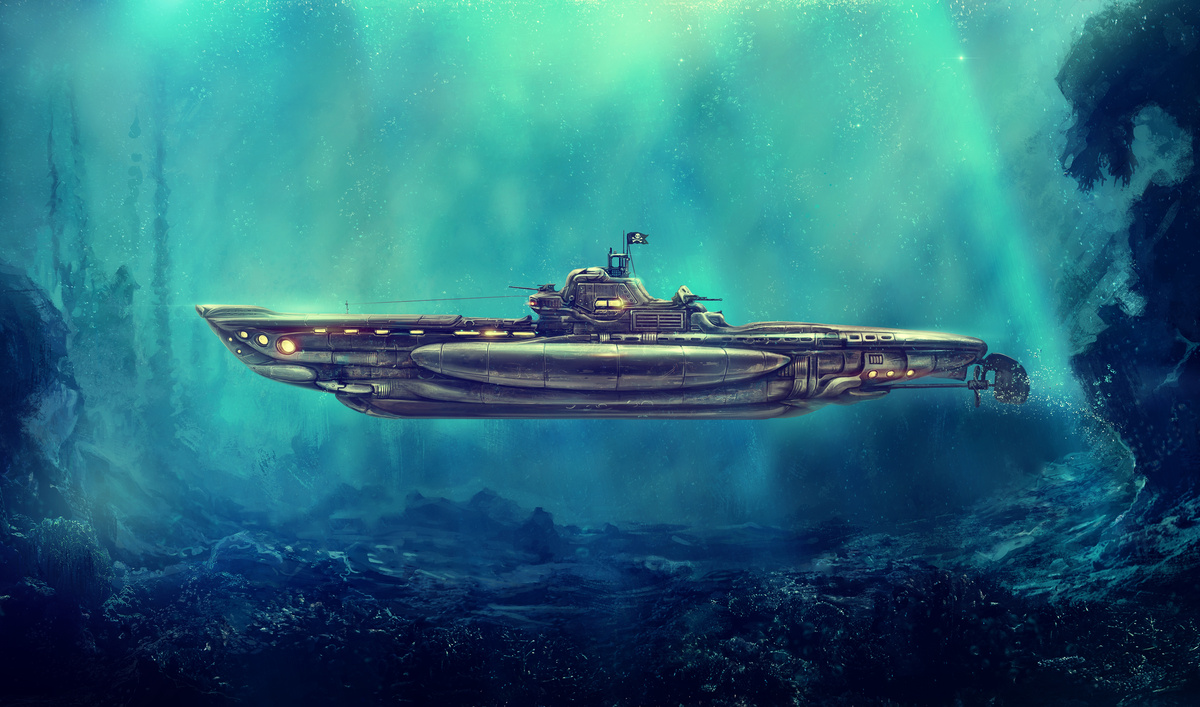 Submarino futurista no fundo do mar.