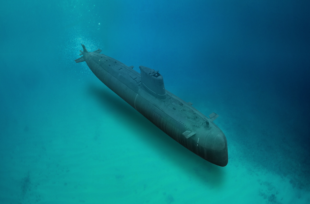 Submarino no fundo do mar.