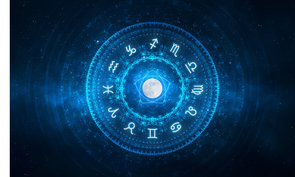 Ilustração fundo azul mostrando os símbolos dos signos do Zodíaco.