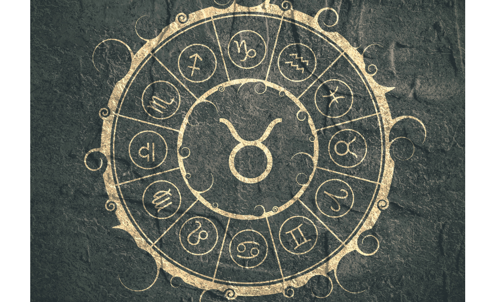 Ilustração dos signos do Zodíaco com o símbolo de Touro no centro.