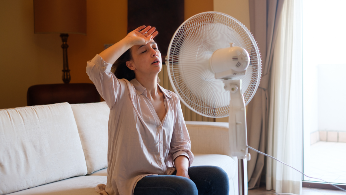 Uma mulher com um ventilador. 